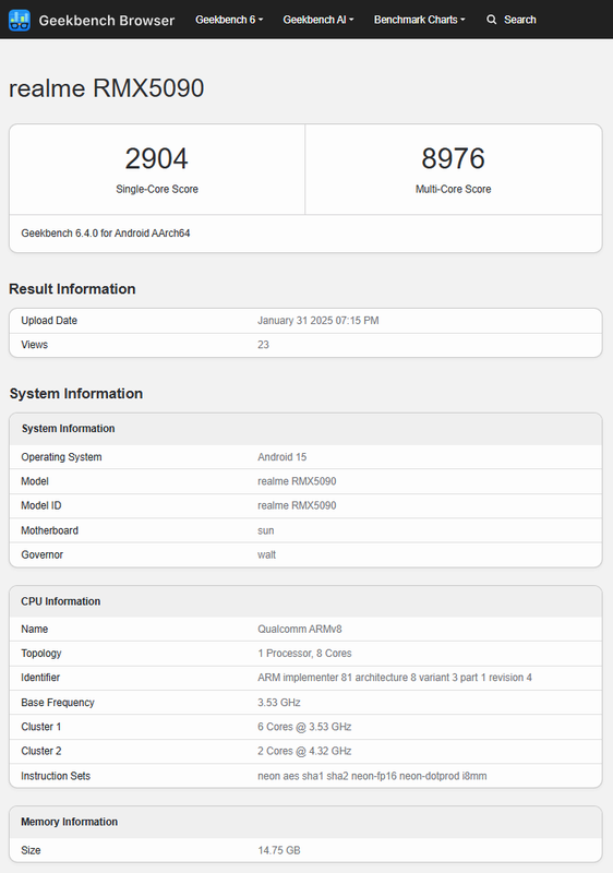 Realme RMX5090 (GT 7) prestatietestresultaten. Illustratie: Geekbench