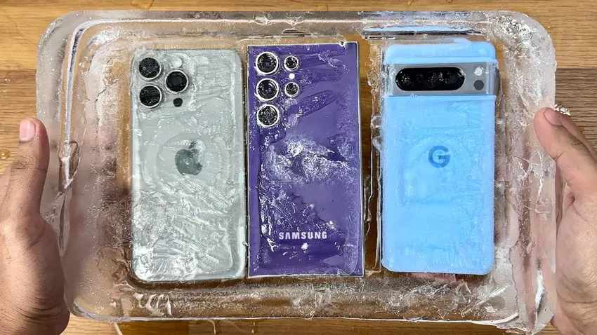 Extreme test: Samsung Galaxy S24 Ultra, iPhone 15 Pro Max en Pixel 8 Pro werden overgoten met water en 6 uur lang in de vriezer gelegd.