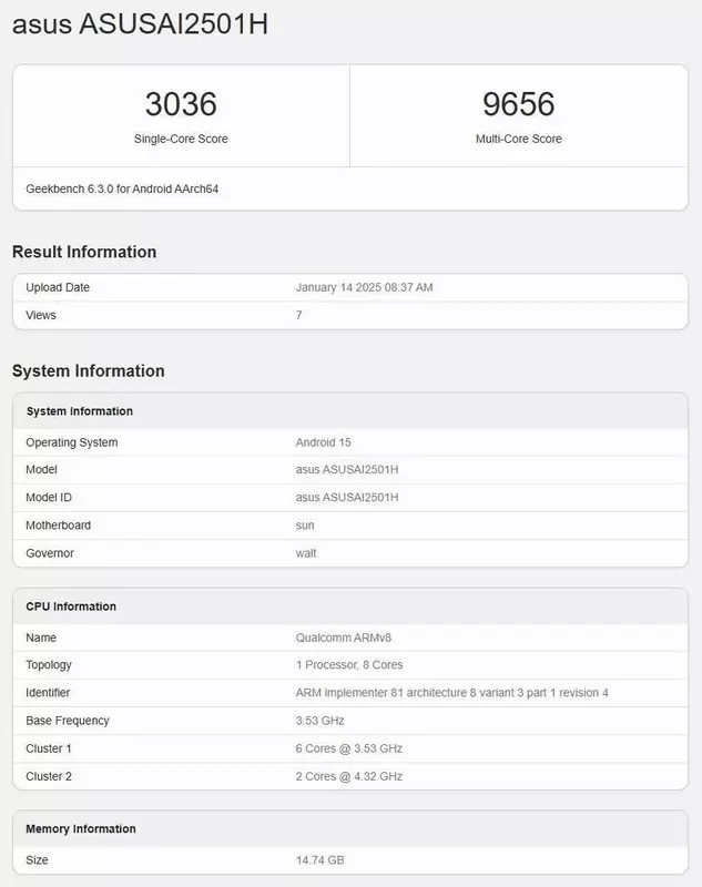 Testresultaten van de Asus Zenfone 12 Ultra. Illustratie: Geekbench