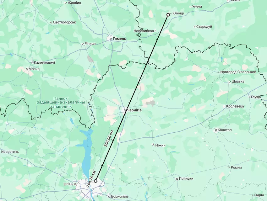 Kaart van de afstand van Klintsy naar Kyiv