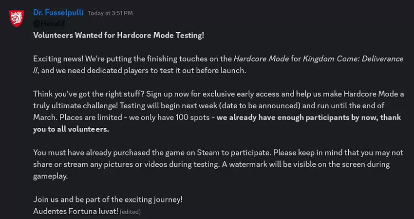 Warhorse Studios adres in Discord