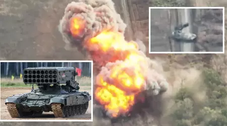 Een FPV drone verscheurde een Russisch TOS-1A zwaar vlammenwerper systeem met thermobarische raketten.