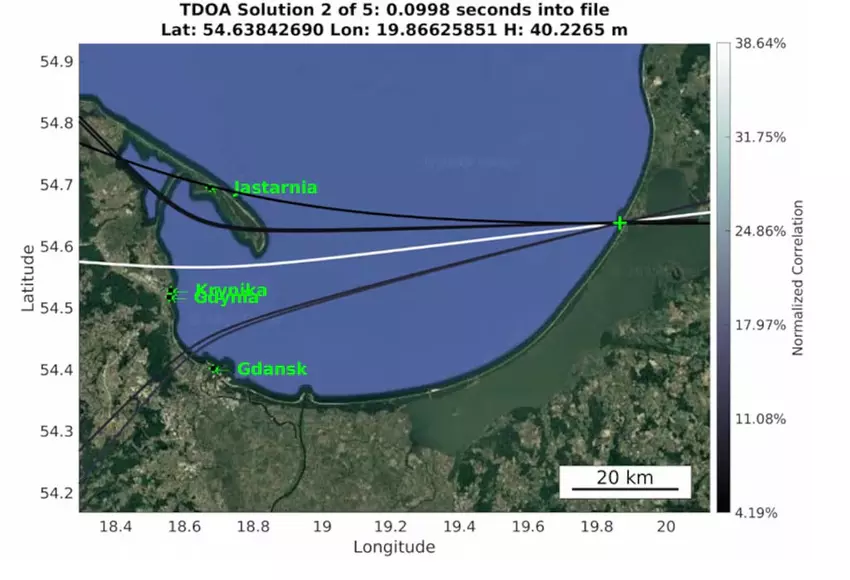 Ongeveer traject van de Russische GNSS-interferentie