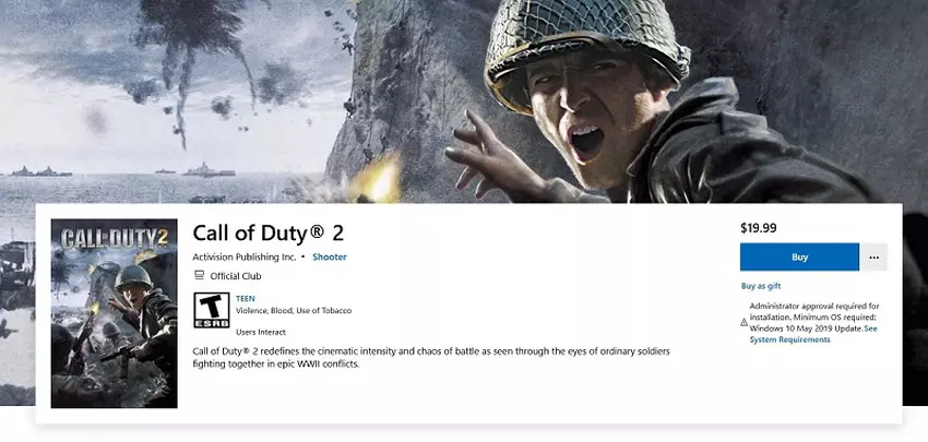 Een screenshot van de Call of Duty 2-pagina in de Microsoft Store