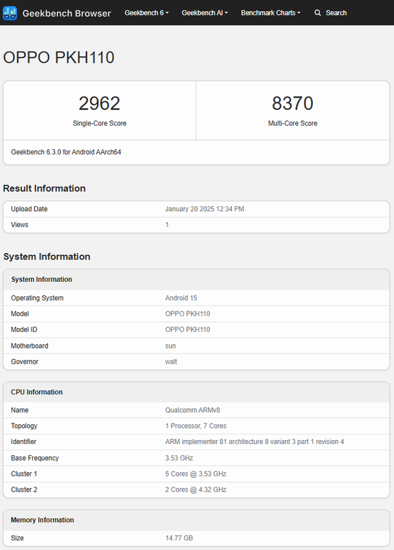 Oppo Find N5 (model PKH100) testresultaten. Illustratie: Geekbench
