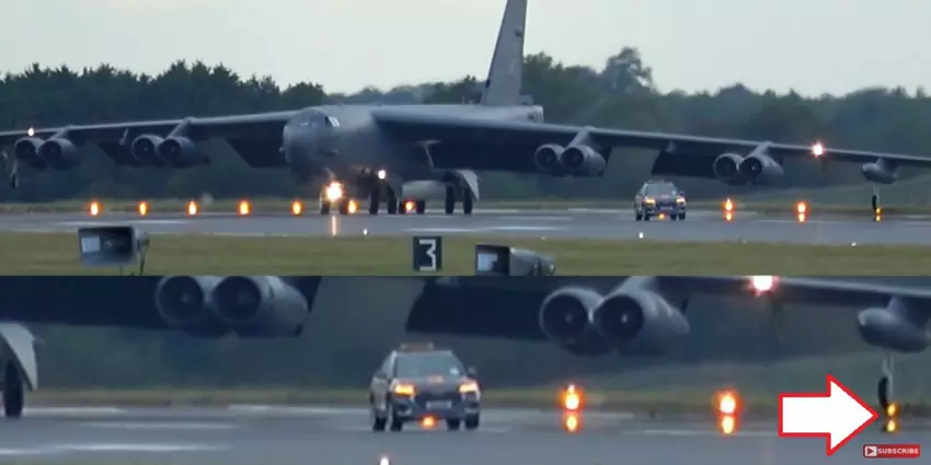 Een B-52H Stratofortress nucleaire bommenwerper vernielde landingsbaanlichten in het VK tijdens een 'crab walk'.
