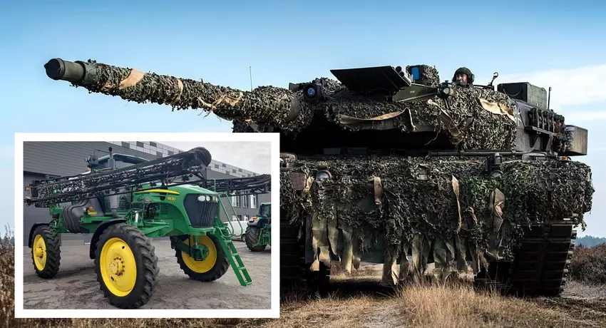 Russisch Ministerie van Defensie claimde een John Deere 4830 zelfrijdende spuit voor een vernietigde Duitse Leopard 2 tank