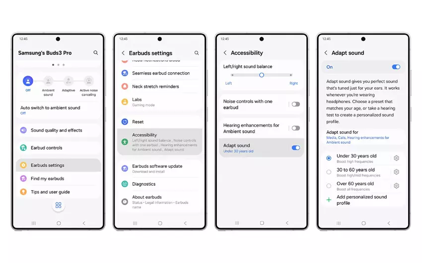 Instructies voor het starten van de functie Geluid aanpassen via het bedieningsmenu van de Galaxy Buds 3 Pro hoofdtelefoon