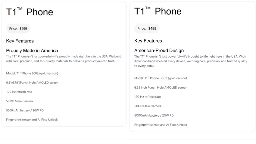 Oude en bijgewerkte beschrijving van de T1 Phone smartphone