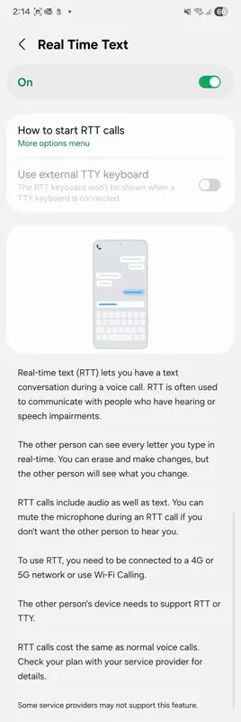 Real Time Text (RTT) op One UI 8 op basis van Android 16 voor de Galaxy S25. Illustratie: SamMobile