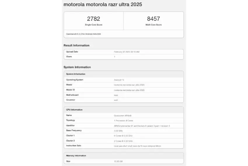 Motorola Razr Ultra 2025 van Geekbench-code