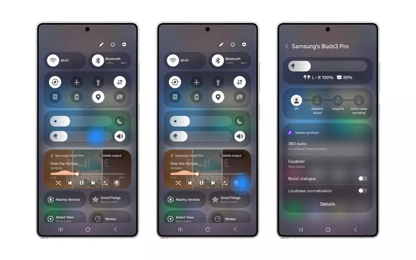 Opties voor het starten van het nieuwe hoofdtelefoonbedieningspaneel in One UI 7.0