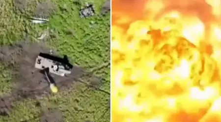 Een Oekraïense quadrocopter heeft op spectaculaire wijze een Russische UR-77 "Meteorite" zelfrijdende ontmijningsraketwerper met 700 kg explosieven aan stukken gereten met één enkele granaat.