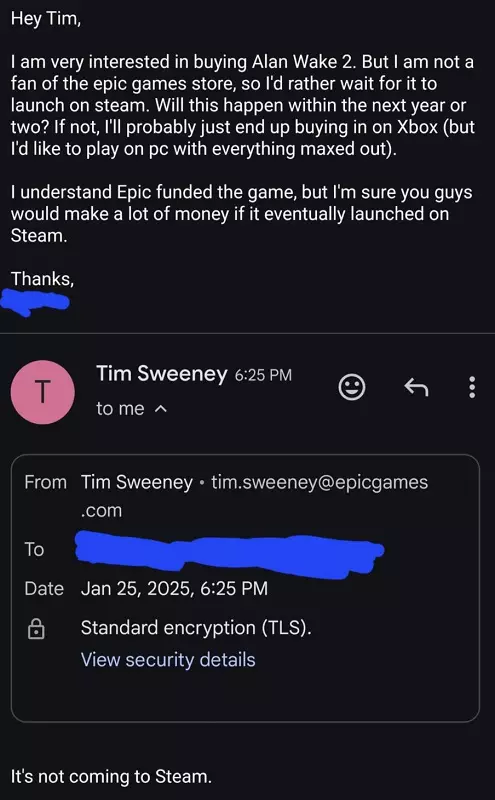 Screenshot van correspondentie met Tim Sweeney