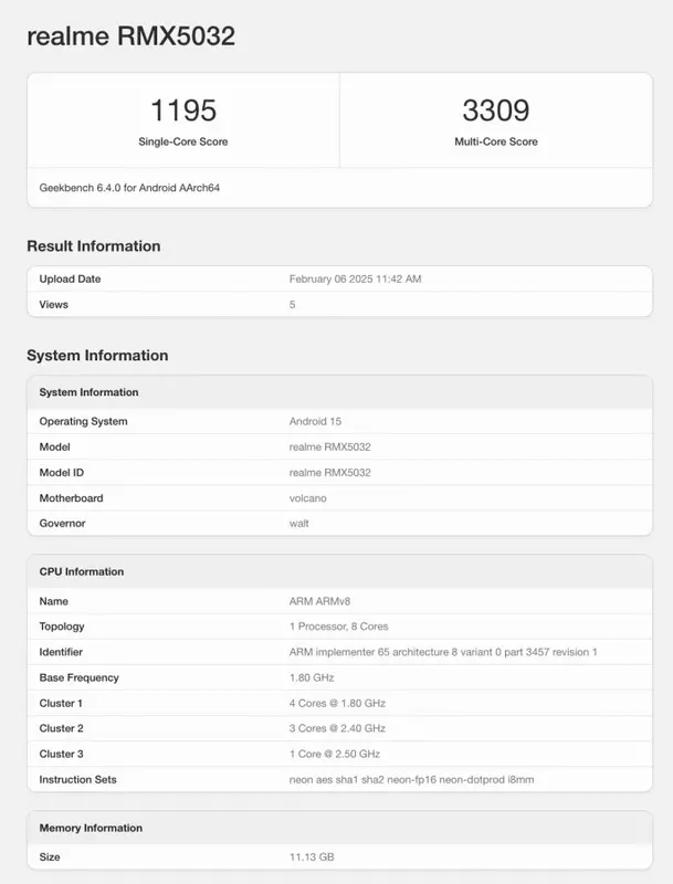 Realme P3 Pro prestatietestresultaten op Geekbench