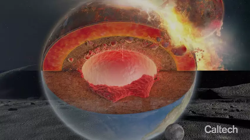 Reusachtige brokken van de oude planeet Theia, die hielp bij het ontstaan van de maan, zweven in de Aarde