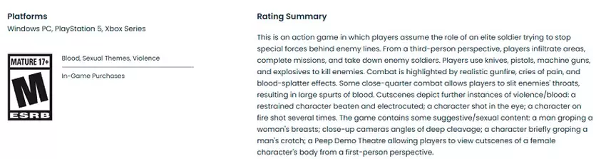 Screenshot van de beschrijving van het spel op de ESRB-website
