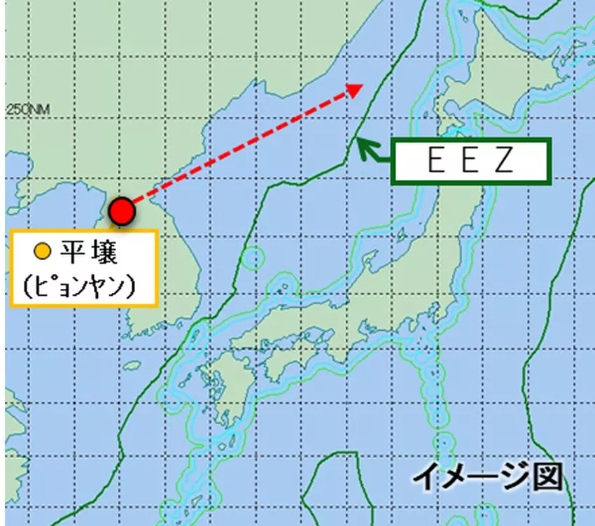 Vluchtrichting van een ballistische raket die buiten de Japanse EEZ viel