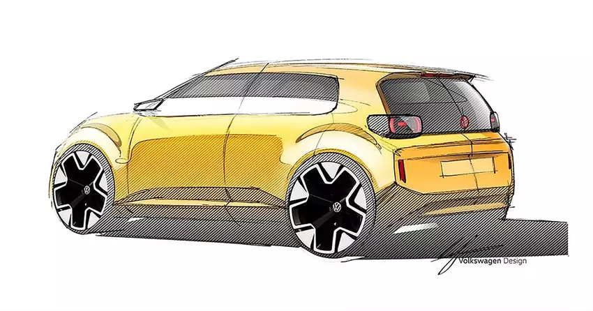 Een schets van de nieuwe €20.000 kostende elektrische auto van Volkswagen.