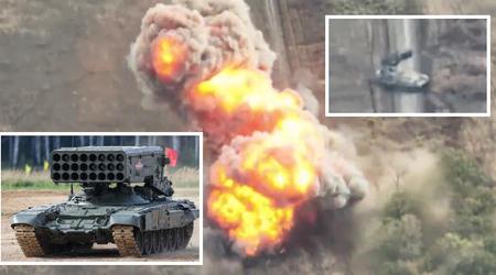 Een FPV drone verscheurde een Russisch TOS-1A zwaar vlammenwerper systeem met thermobarische raketten.