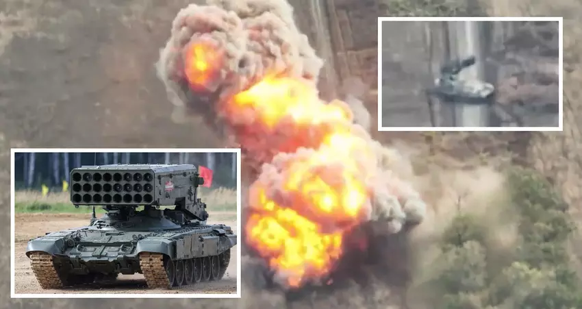 Een FPV drone verscheurde een Russisch TOS-1A zwaar vlammenwerper systeem met thermobarische raketten.