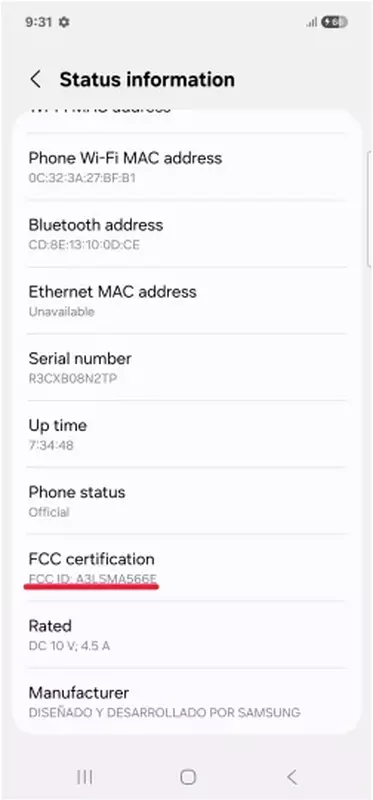 Screenshot van Galaxy A56 smartphone-informatie uit FCC-database
