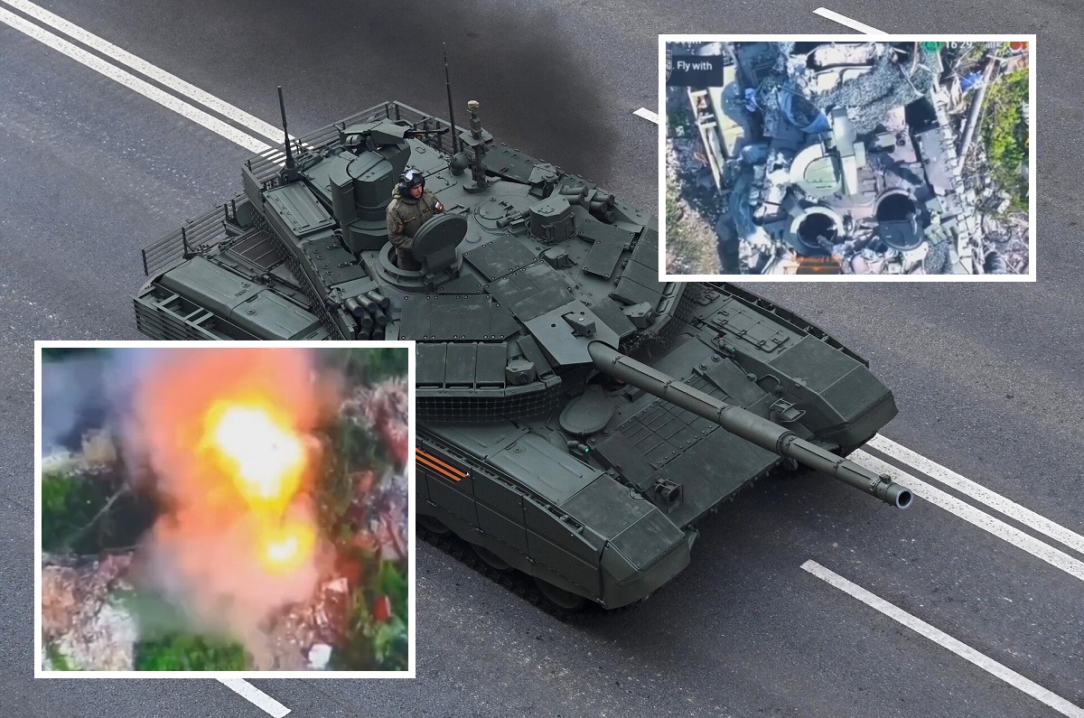Een Oekraïense drone raakte nauwkeurig een Russische gemoderniseerde T-90M tank ter waarde van enkele miljoenen dollars met een granaat in het luik. Een Oekraïense drone raakte nauwkeurig een Russische gemoderniseerde T-90M tank ter waarde van enkele miljoenen dollars met een granaat in het luik.
