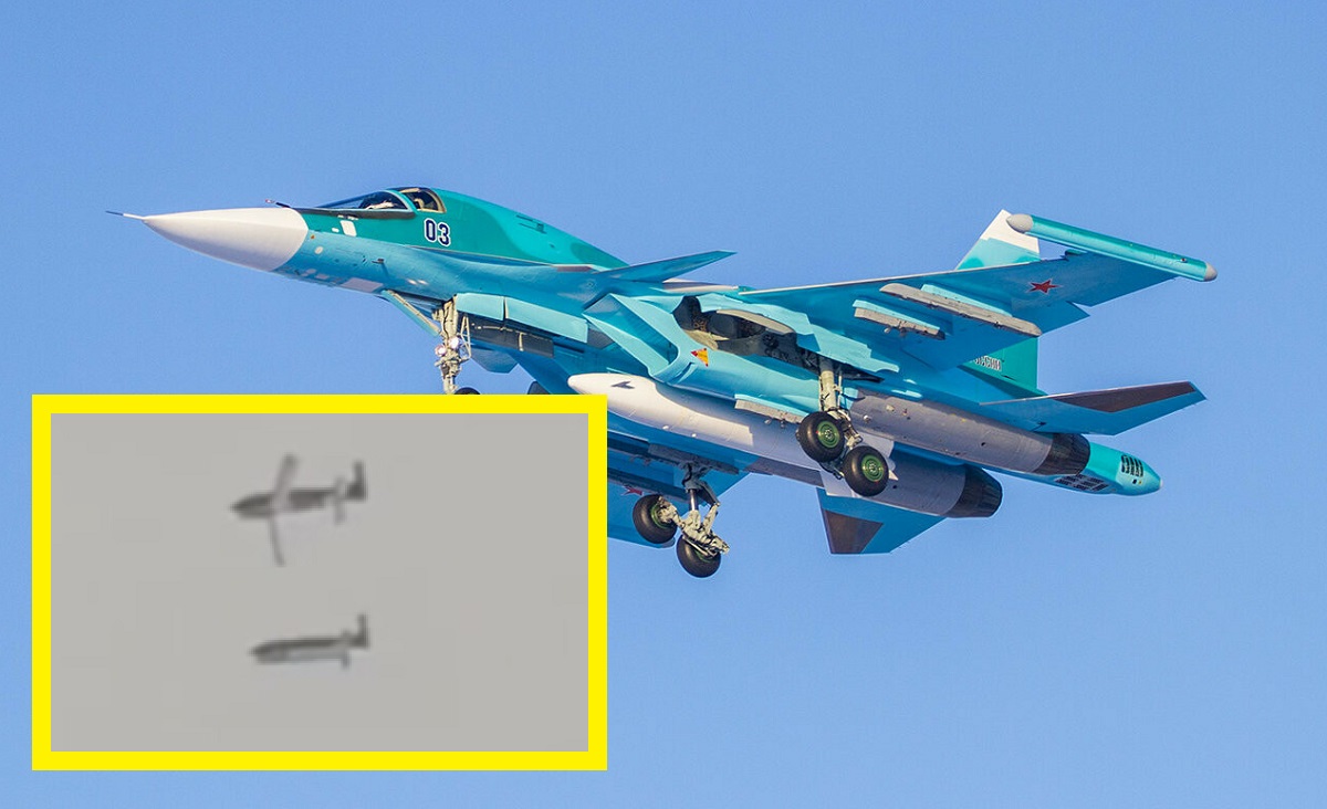 Russische propaganda heeft de eerste video vrijgegeven van een analoge lancering van een JDAM door een Su-34 gevechtsvliegtuig. Hierop is een FAB-500 M62 bom te zien met een plannings- en correctiemodule. Russische propaganda heeft de eerste video vrijgegeven van een analoge lancering van een JDAM door een Su-34 gevechtsvliegtuig. Hierop is een FAB-500 M62 bom te zien met een plannings- en correctiemodule.