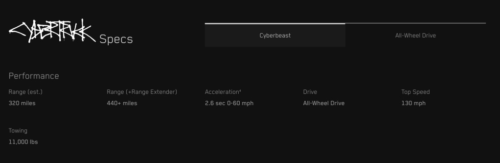 Kenmerken van de Tesla Cybertruck. Afbeelding: screenshot van Tesla-website