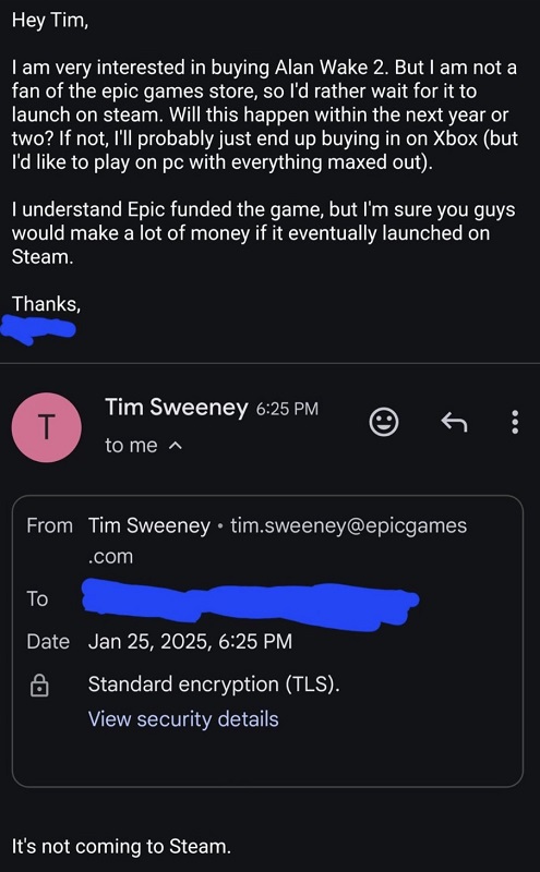 Screenshot van correspondentie met Tim Sweeney Screenshot van correspondentie met Tim Sweeney