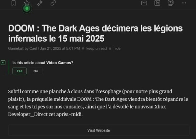Screenshot van het artikel op de website van Gamekult Screenshot van het artikel op de website van Gamekult