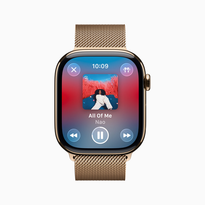 Vernieuwd Now Playing ontwerp in watchOS 26 Vernieuwd Now Playing ontwerp in watchOS 26