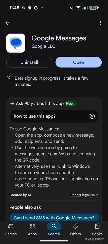 Google Play-interface met Vraag Play-mogelijkheid
