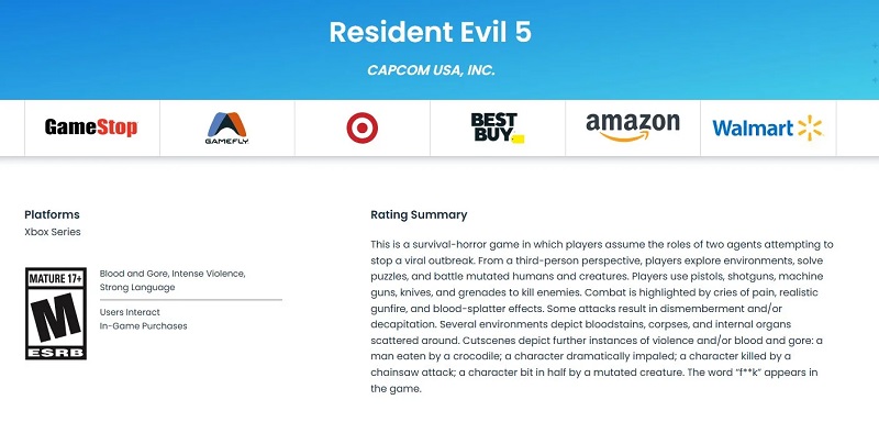 Leeftijdsclassificatie Resident Evil 5 voor de Xbox-serie. Bron: ESRB Leeftijdsclassificatie Resident Evil 5 voor de Xbox-serie. Bron: ESRB