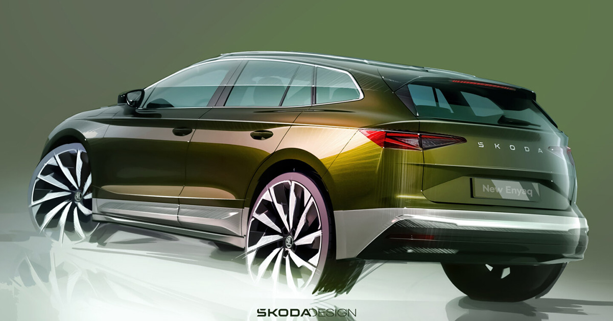 Designschets van de vernieuwde Škoda Enyaq Designschets van de vernieuwde Škoda Enyaq