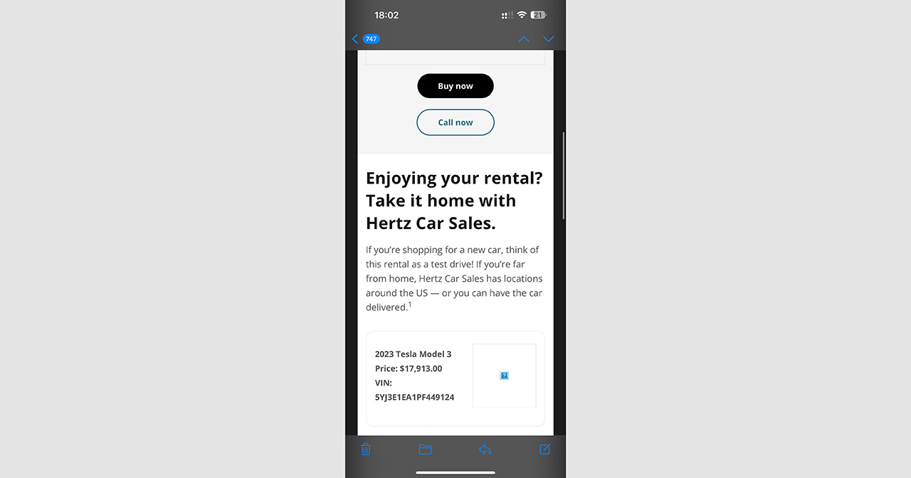 Screenshot van een e-mail van Hertz met het aanbod om de Tesla Model 3 terug te kopen Screenshot van een e-mail van Hertz met het aanbod om de Tesla Model 3 terug te kopen