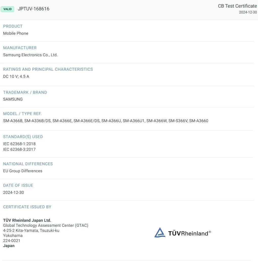 Galaxy A36 5G IECEE-certificering Galaxy A36 5G IECEE-certificering