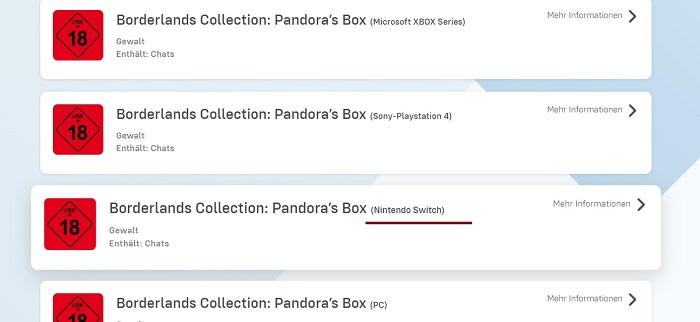 Borderlands Collection: Pandora's Box wordt mogelijk ook uitgebracht op Nintendo Switch - zoals blijkt uit informatie van een Duits ratingbureau-2 Borderlands Collection: Pandora's Box wordt mogelijk ook uitgebracht op Nintendo Switch - zoals blijkt uit informatie van een Duits ratingbureau-2