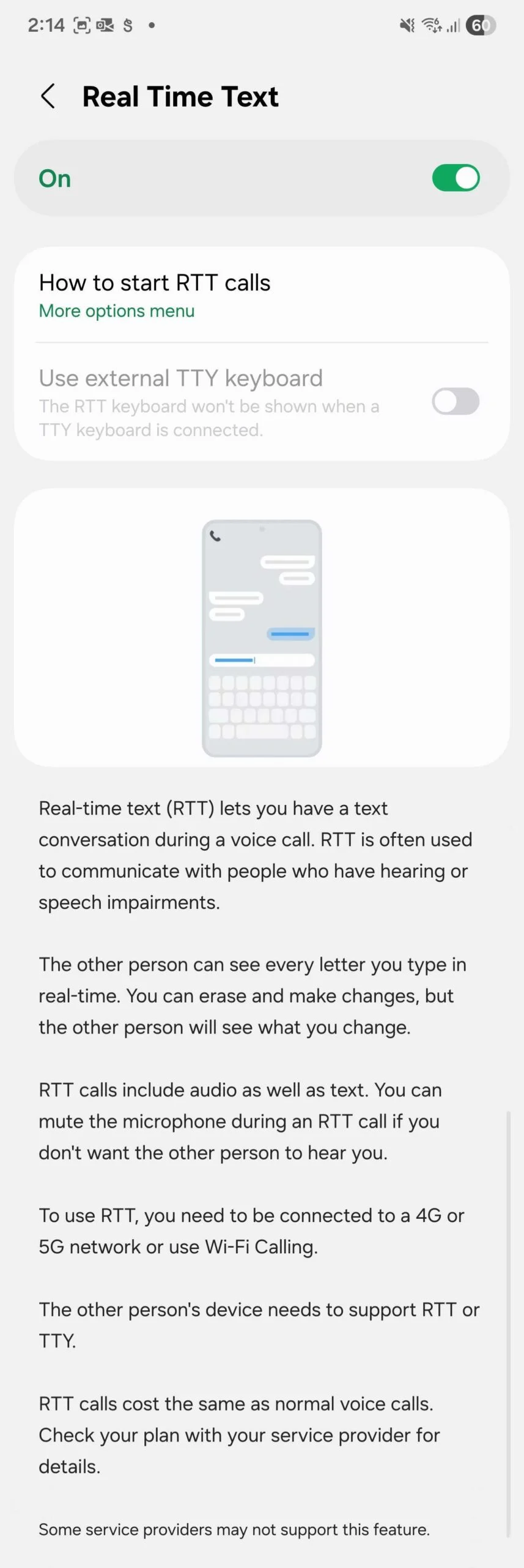 Real Time Text (RTT) op One UI 8 op basis van Android 16 voor de Galaxy S25. Illustratie: SamMobile