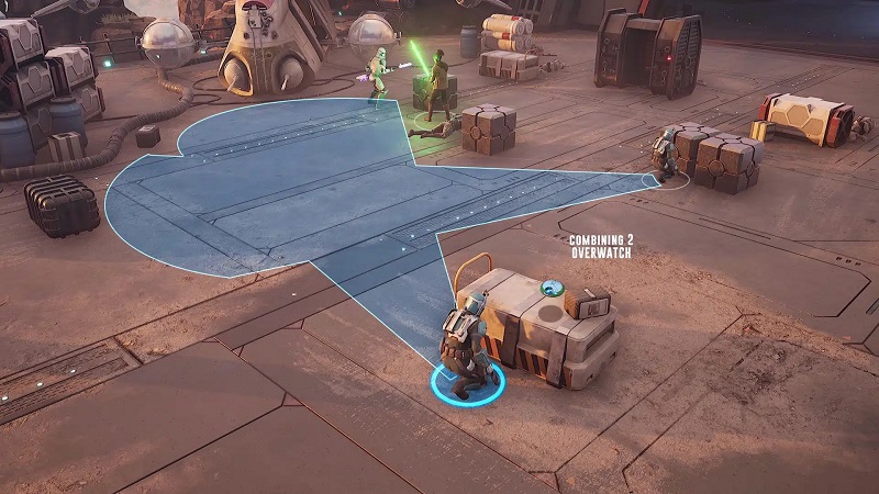 Een screenshot van een vechtende Mandalorian Een screenshot van een vechtende Mandalorian