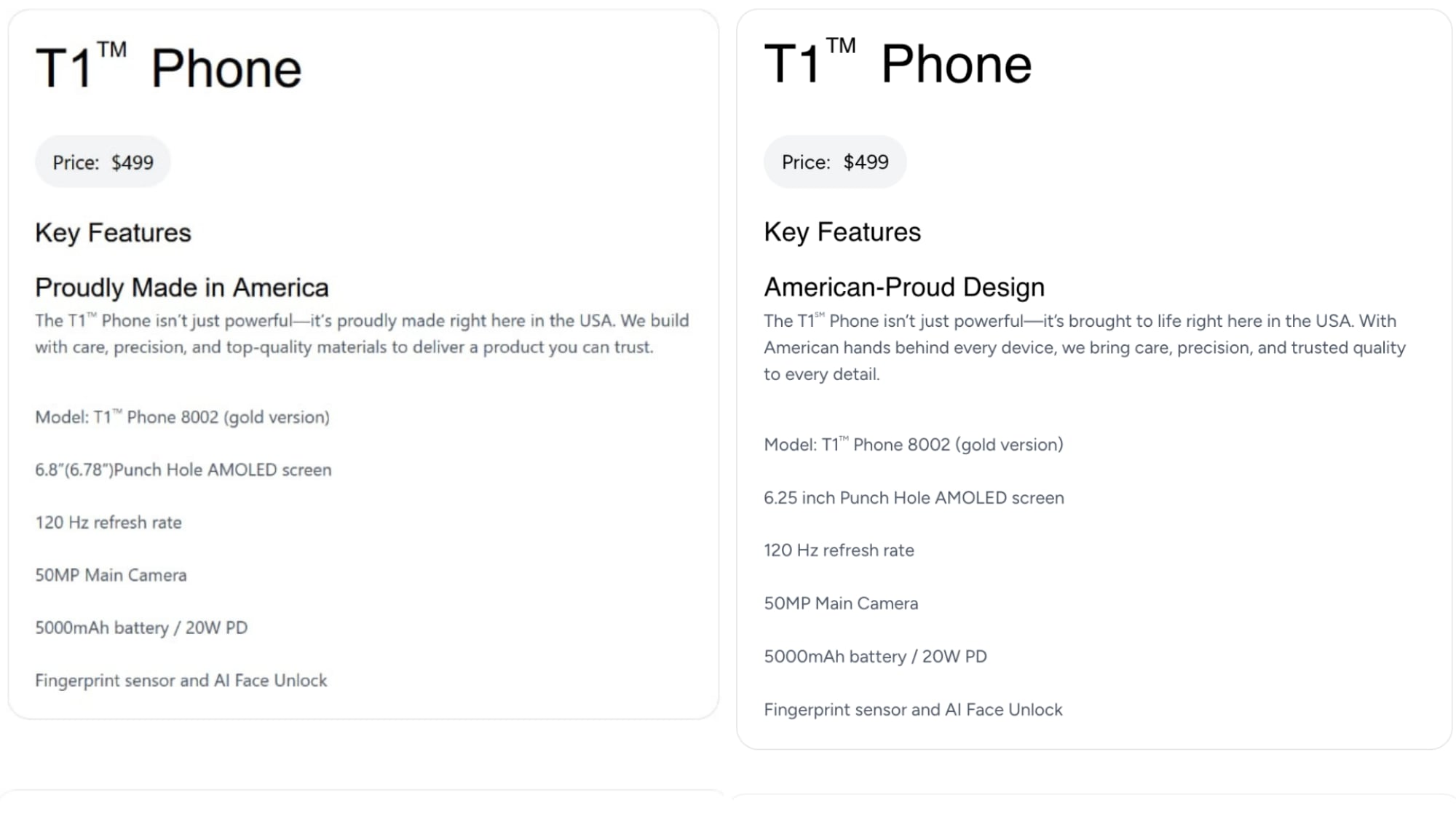 Oude en bijgewerkte beschrijving van de T1 Phone smartphone