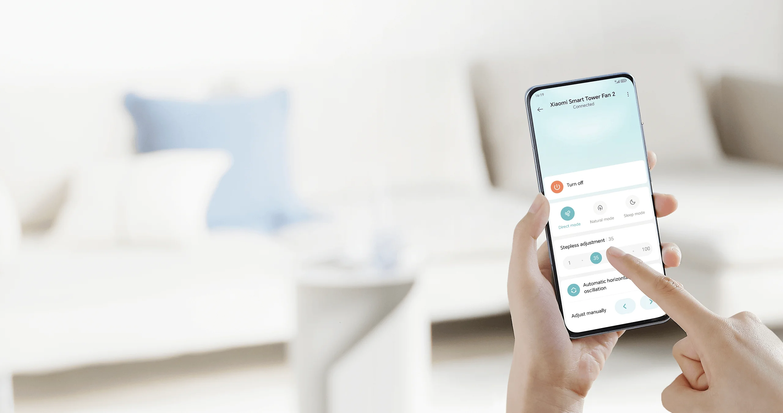 De Smart Tower Fan 2 bedienen in de app. Illustratie: Xiaomi