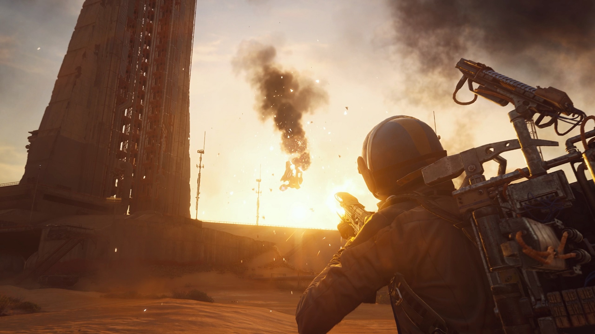 Een zonsondergang, een explosie, zand tussen je tanden - het is gewoon een dag in het post-apocalyptische paradijs van Arc Raiders. Illustratie: Inschepen Zonsondergang in Arc Raiders